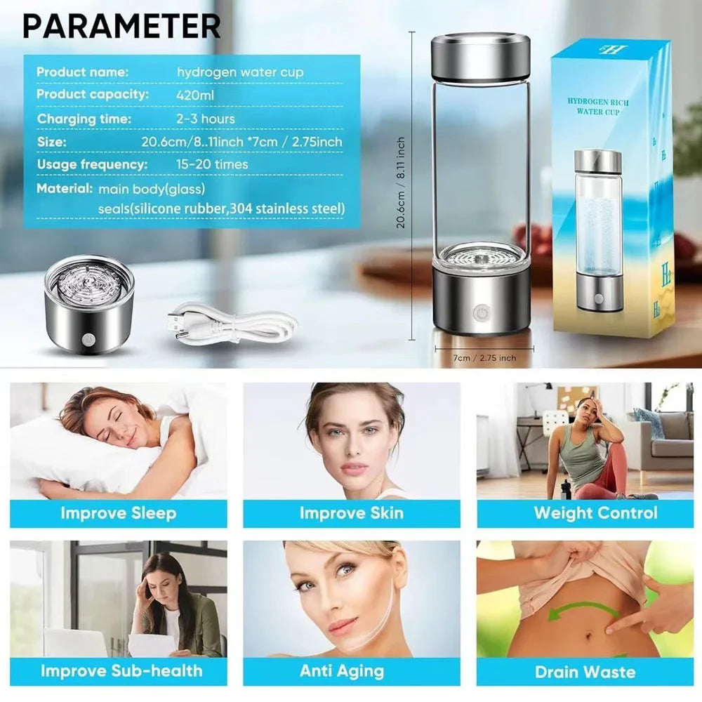 420Ml Hydrogen-Rich Water Cup Electric Hydrogen Rich Water Generator Bottle Titanium Quality Filter Portable Antioxidant Lonizer